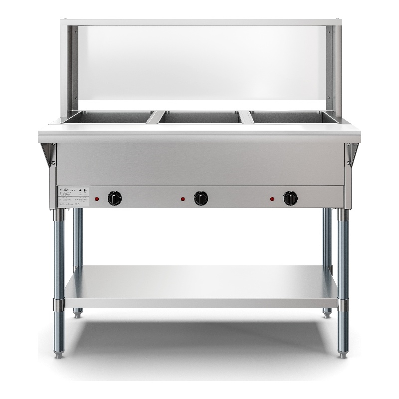Pemberly Row 3 Pan Open Well Electric Steam Table with Undershelf & Sneeze-Guard