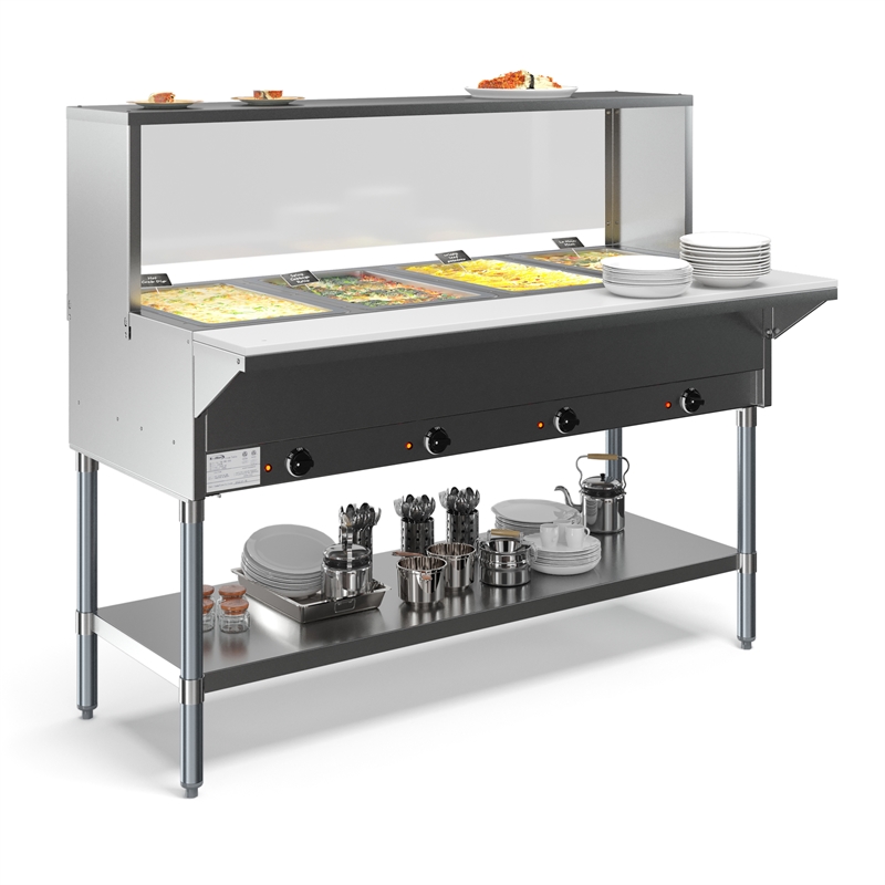 Pemberly Row 4 Pan Open Well Electric Steam Table with Undershelf & Sneeze-Guard