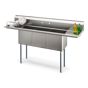 Pemberly Row 75&quot 3 Compartment Commercial Sink 16 Gauge Steel w/ 2 Drainboards