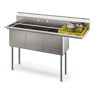 Pemberly Row 63&quot 3 Compartment Commercial Sink Steel 16 Gauge Right Drainboard