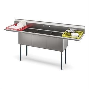 Pemberly Row 90&quot 3 Compartment Commercial Sink 18-Gauge Steel w/ 2 Drainboards
