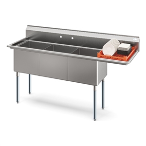 Pemberly Row 75&quot 3 Compartment Sink 4 Steel 18 Gauge w/ Right Drainboard