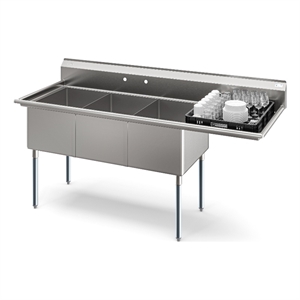 Pemberly Row 81&quot 3 Compartment Sink Steel 18 Gauge w/ Right Drainboard