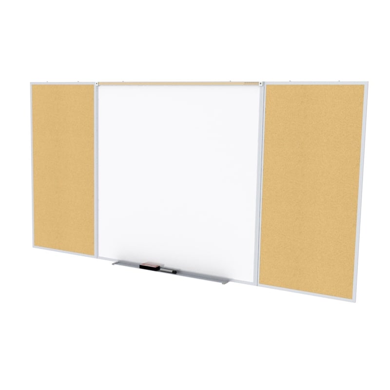 Pemberly Row Wood 4' x 10' Cork Bulletin & Magnetic Whiteboard Set in Tan