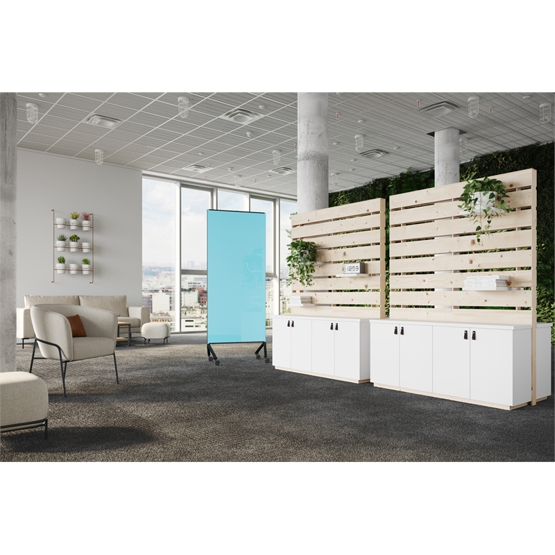 Pemberly Row Non-Magnetic Mobile Glass Dry Erase Board Blue Black Frame 77x36