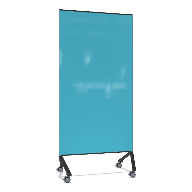 Pemberly Row Non-Magnetic Mobile Glass Dry Erase Board Blue Black Frame 77x36