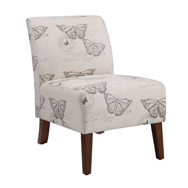 Pemberly Row Set of 2 Accent Chair Wood Legs in Gray Butterfly Printed Fabric