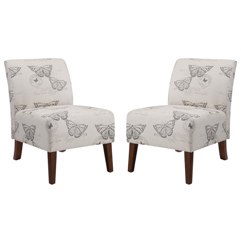 Pemberly Row Set of 2 Accent Chair Wood Legs in Gray Butterfly Printed Fabric