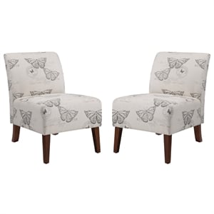 Pemberly Row Set of 2 Accent Chair Wood Legs in Gray Butterfly Printed Fabric