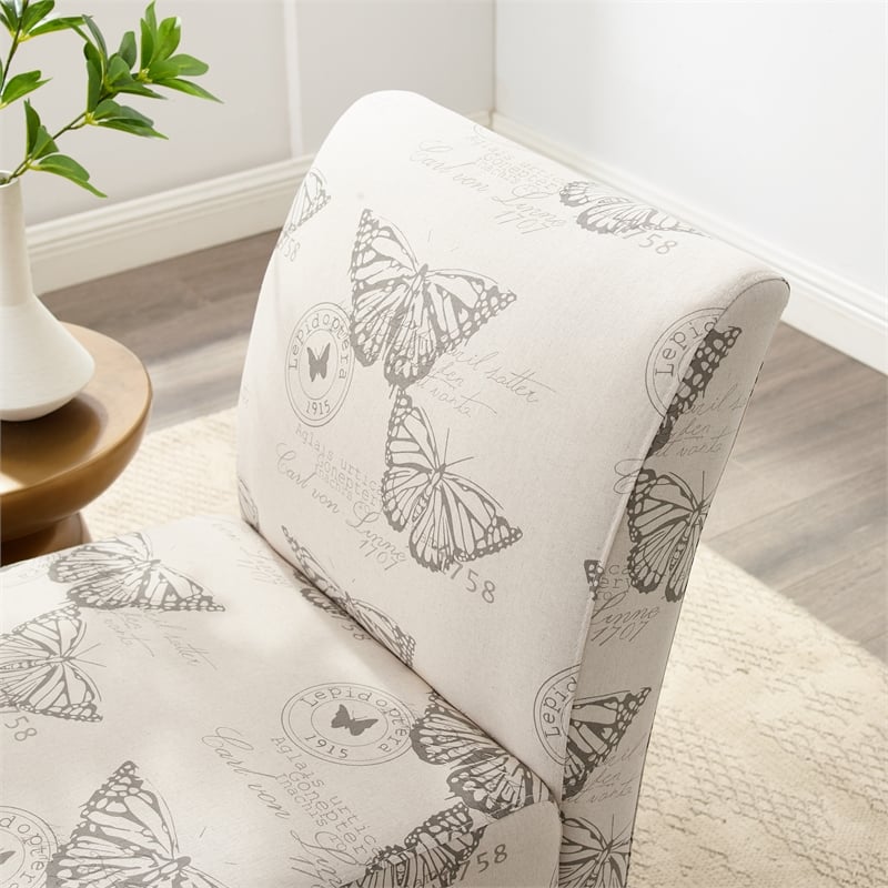 Pemberly Row Set of 2 Accent Chair Wood Legs in Gray Butterfly Printed Fabric
