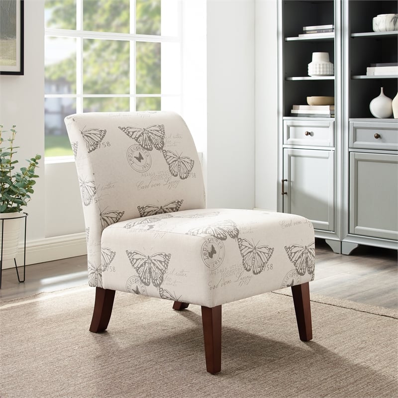 Pemberly Row Set of 2 Accent Chair Wood Legs in Gray Butterfly Printed Fabric