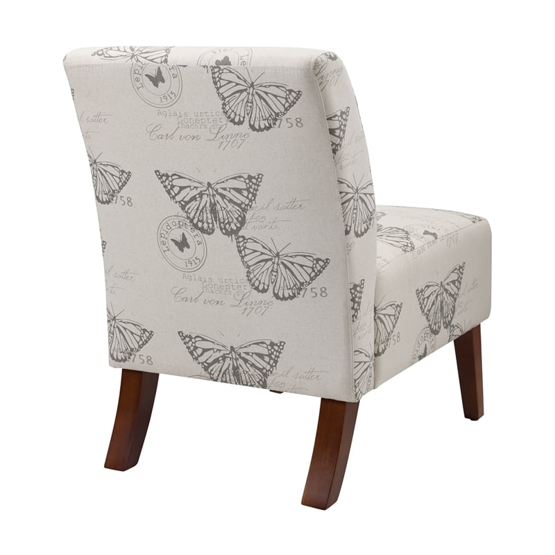 Pemberly Row Set of 2 Accent Chair Wood Legs in Gray Butterfly Printed Fabric