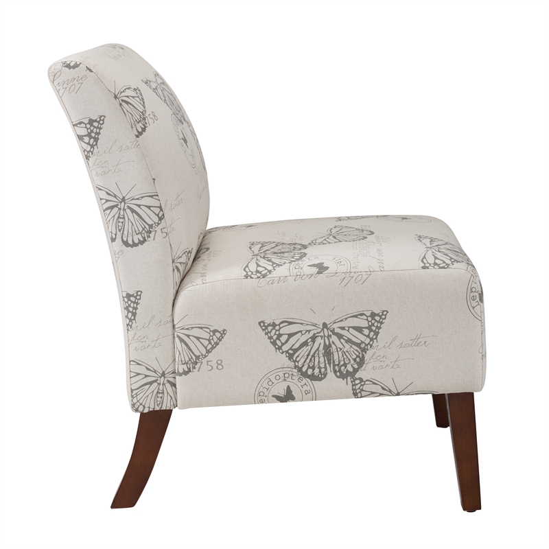 Pemberly Row Set of 2 Accent Chair Wood Legs in Gray Butterfly Printed Fabric