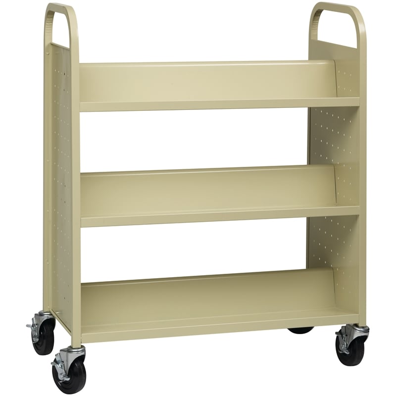 Pemberly Row Double-Sided Mobile Metal Book Cart in Putty/Beige