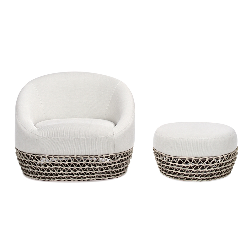 Pemberly Row 2Pc Upholstered Woven Patio Armchair Set with Ottoman - Wheat Beige