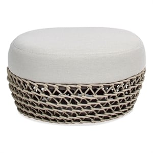Pemberly Row 25&quot Round Upholstered Woven Patio Ottoman in Wheat Beige
