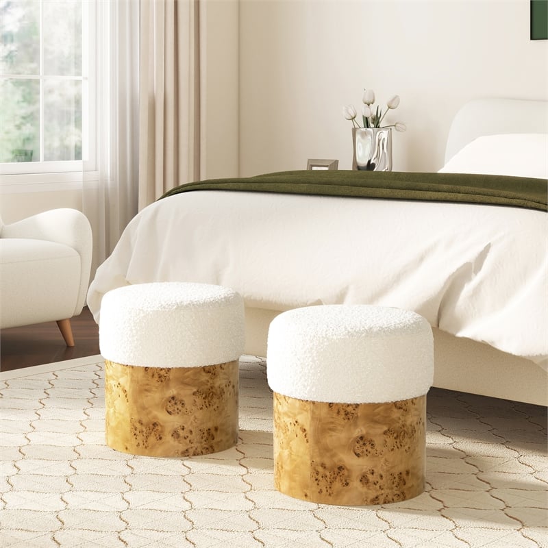Pemberly Row Round Burl Wood Upholstered Ottoman in Ivory White Boucle