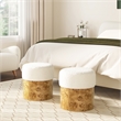 Pemberly Row Round Burl Wood Upholstered Ottoman in Ivory White Boucle