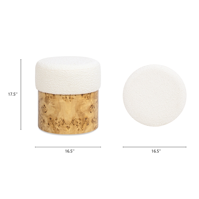 Pemberly Row Round Burl Wood Upholstered Ottoman in Ivory White Boucle