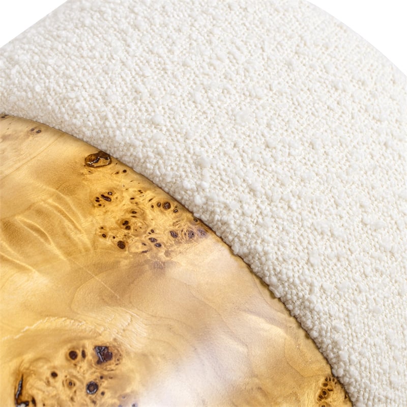 Pemberly Row Round Burl Wood Upholstered Ottoman in Ivory White Boucle