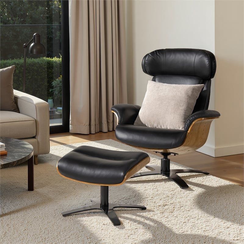 Pemberly Row Contemporary Genuine Leather Footstool Ottoman in Dark Grey