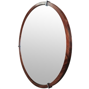 Pemberly Row 31.5&quot Round Accent Mirror in Brown Walnut Wood and Veneer