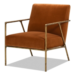 Pemberly Row 24.5&quot Hammered Brass Upholstered Arm Chair in Burnt Orange Velvet