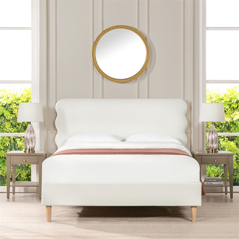 Pemberly Row Queen Wavy Headboard Platform Bed in Antique White