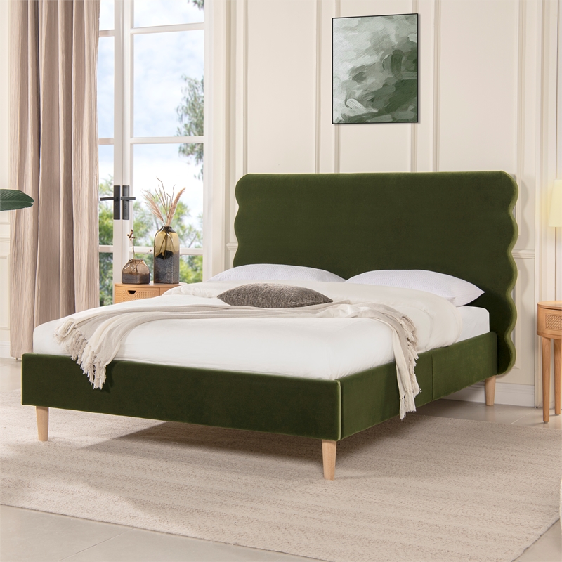 Pemberly Row Queen Wavy Headboard Platform Bed in Olive Green Velvet
