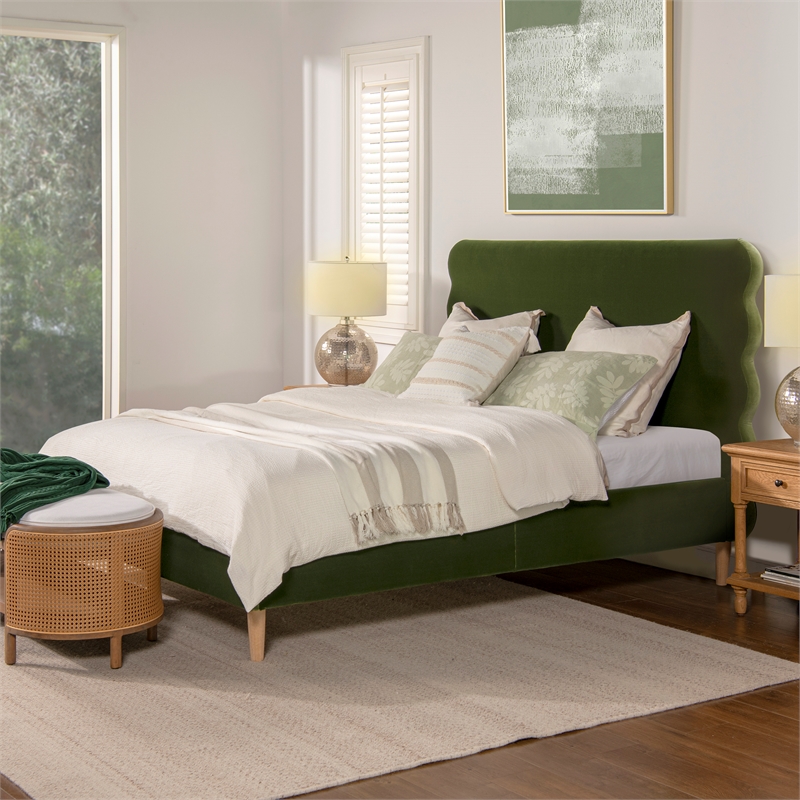 Pemberly Row Queen Wavy Headboard Platform Bed in Olive Green Velvet