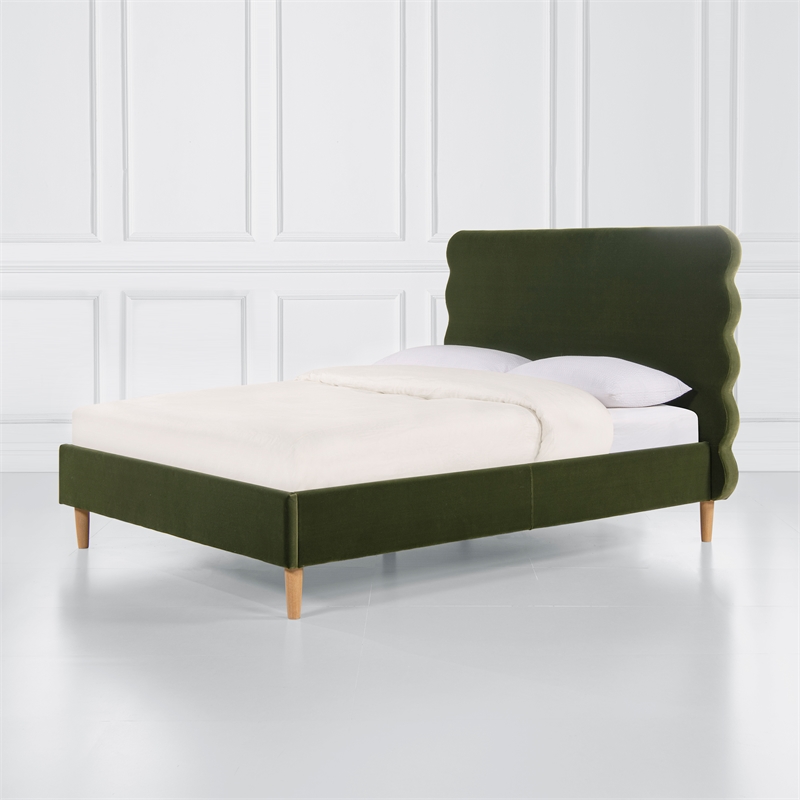 Pemberly Row Queen Wavy Headboard Platform Bed in Olive Green Velvet