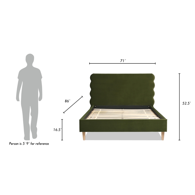 Pemberly Row Queen Wavy Headboard Platform Bed in Olive Green Velvet