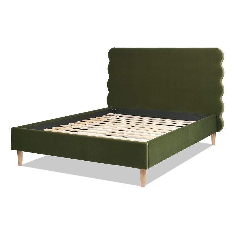 Pemberly Row Queen Wavy Headboard Platform Bed in Olive Green Velvet