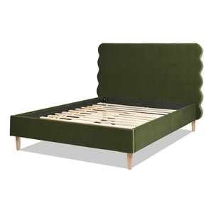 Pemberly Row Queen Wavy Headboard Platform Bed in Olive Green Velvet