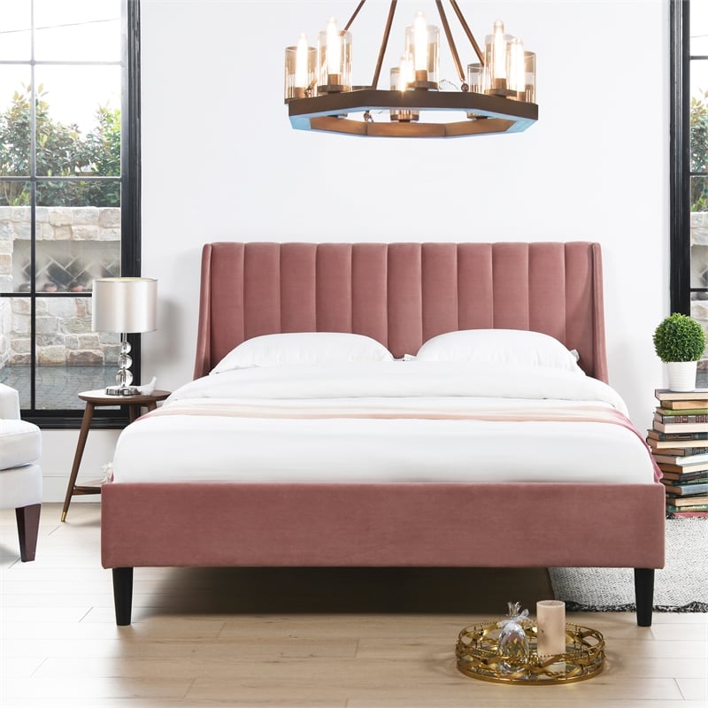 Pemberly Row Contemporary Queen Upholstered Platform Bed in Ash Rose