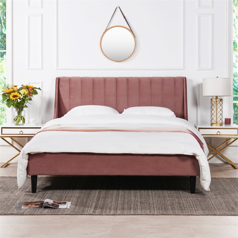Pemberly Row Contemporary Queen Upholstered Platform Bed in Ash Rose
