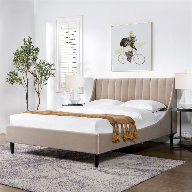 Pemberly Row Contemporary Queen Upholstered Platform Bed in Mink Beige
