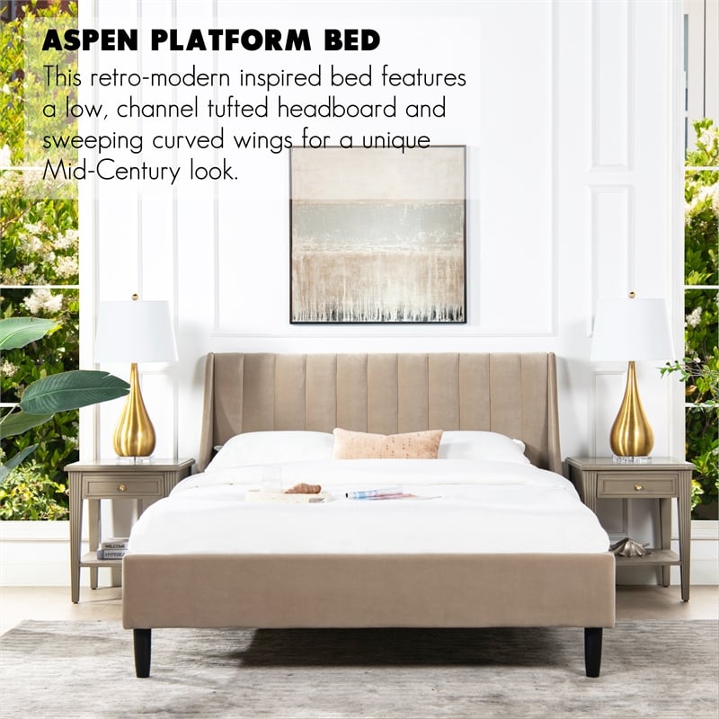 Pemberly Row Contemporary Queen Upholstered Platform Bed in Mink Beige