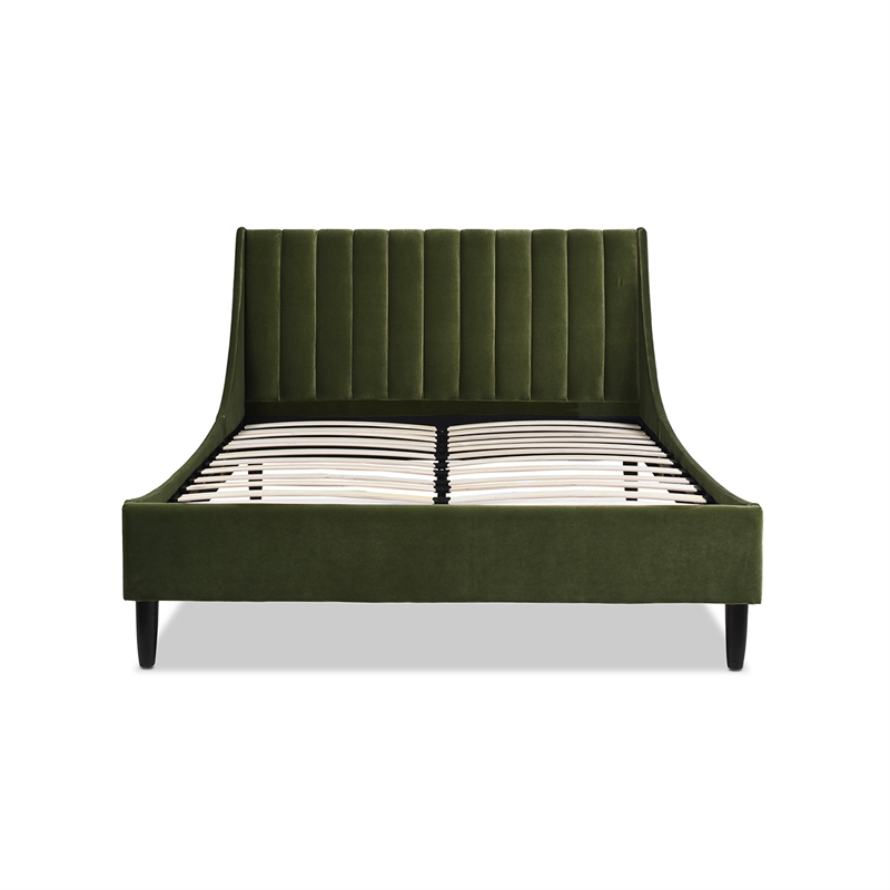 Pemberly Row Queen Tufted Headboard Platform Bed in Olive Green Velvet