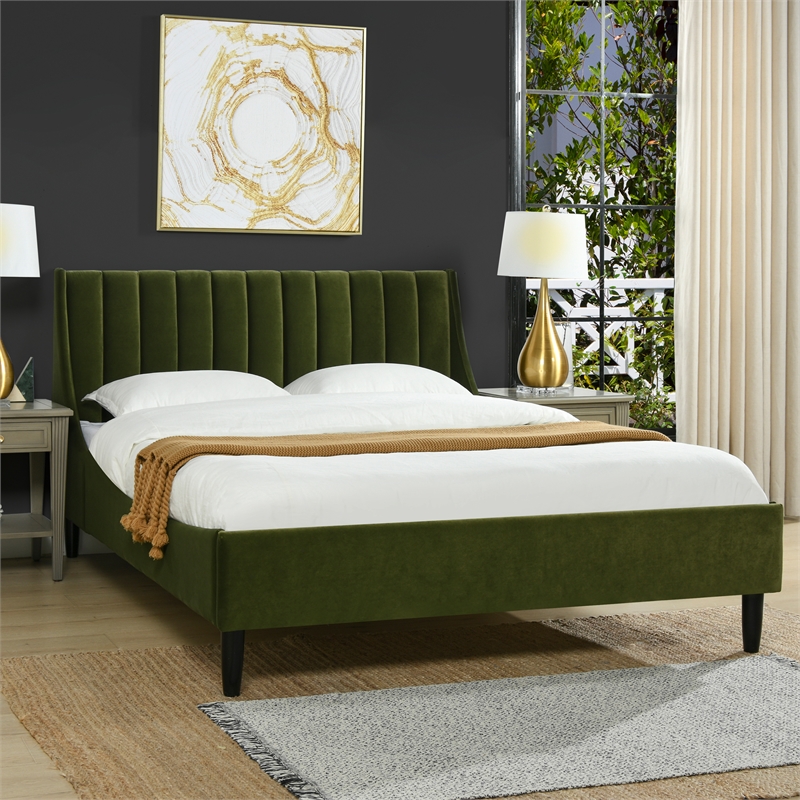 Pemberly Row Queen Tufted Headboard Platform Bed in Olive Green Velvet