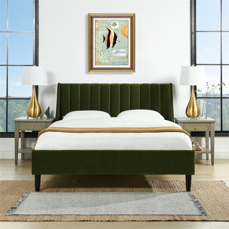 Pemberly Row Queen Tufted Headboard Platform Bed in Olive Green Velvet
