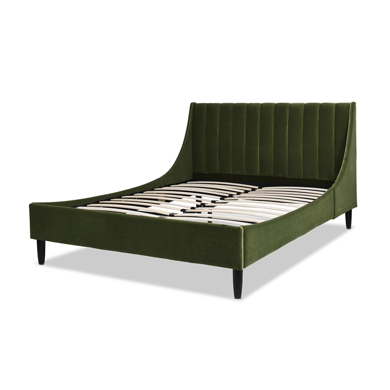 Pemberly Row Queen Tufted Headboard Platform Bed in Olive Green Velvet