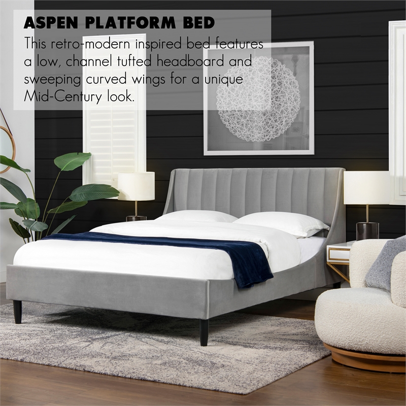 Pemberly Row Queen Vertical Tufted Headboard Platform Bed in Opal Grey Velvet