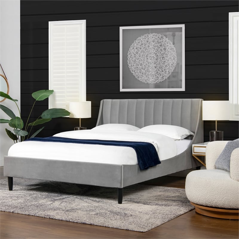 Pemberly Row Queen Vertical Tufted Headboard Platform Bed in Opal Grey Velvet
