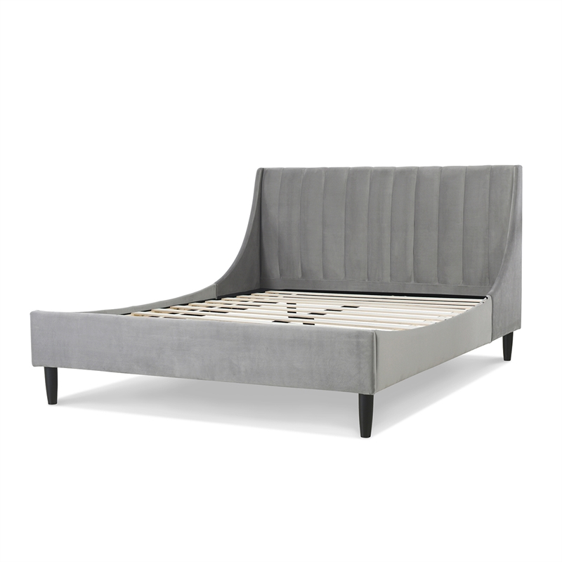 Pemberly Row Queen Vertical Tufted Headboard Platform Bed in Opal Grey Velvet