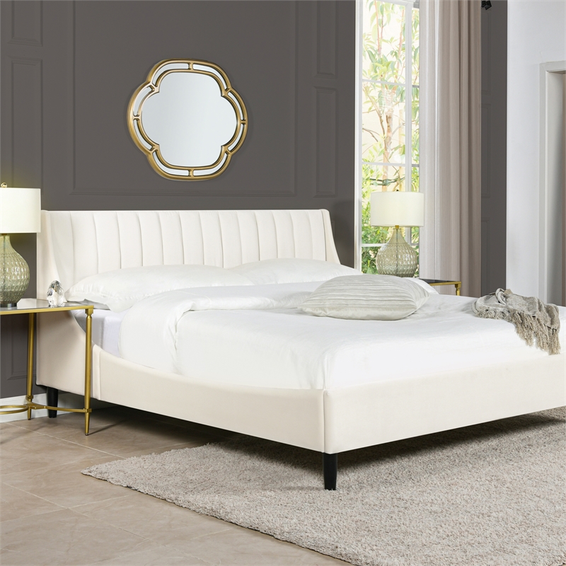 Pemberly Row King Vertical Tufted Headboard Platform Bed in Cloud White Velvet