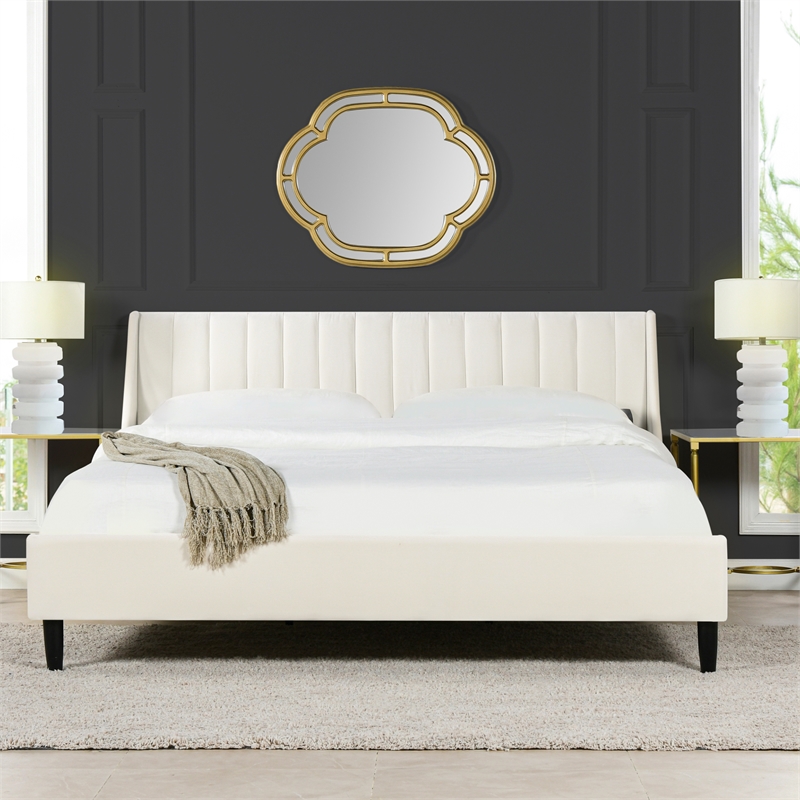 Pemberly Row King Vertical Tufted Headboard Platform Bed in Cloud White Velvet