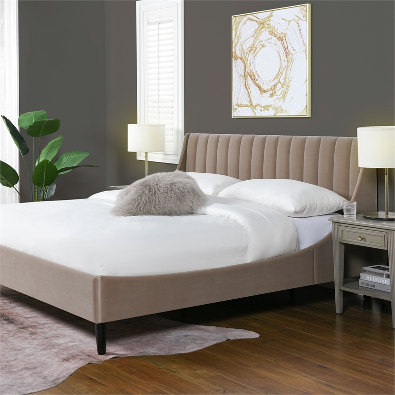 Pemberly Row King Vertical Tufted Headboard Platform Bed in Mink Beige