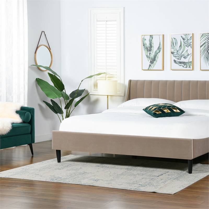Pemberly Row King Vertical Tufted Headboard Platform Bed in Mink Beige