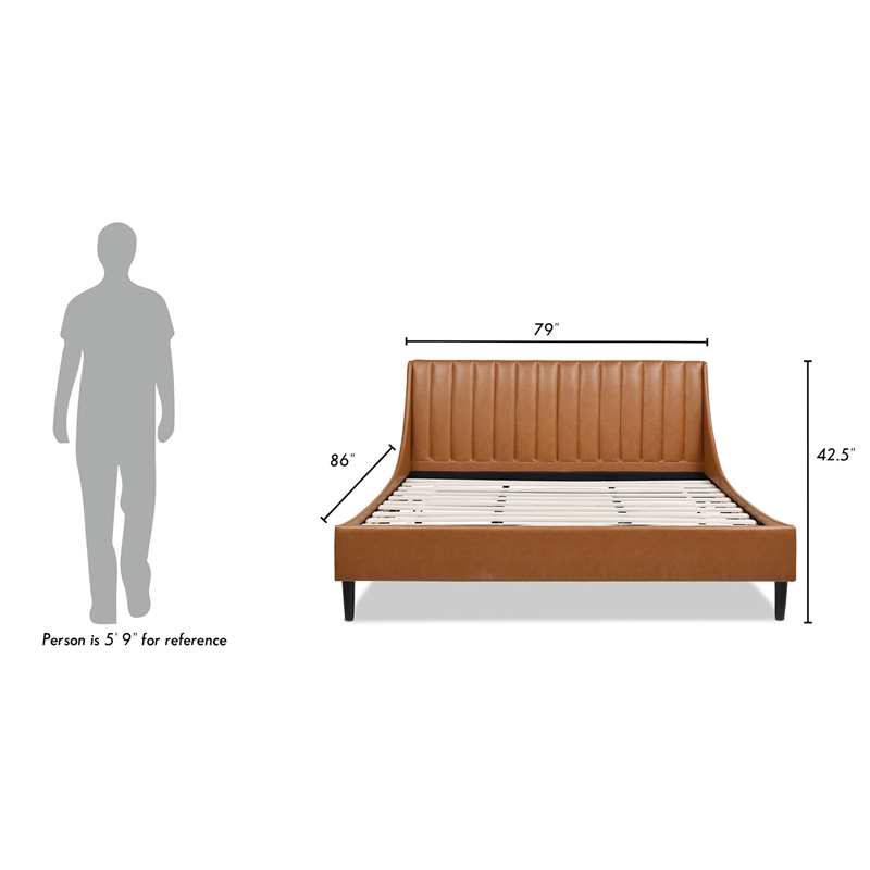 Pemberly Row King Tufted Headboard Platform Bed in Caramel Tan Faux Leather